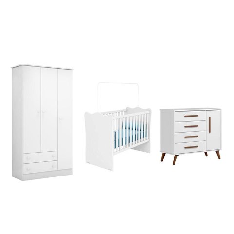 Quarto Infantil Guarda Roupa, Cômoda e Berço Branco - Fdecor