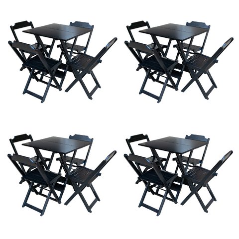 Kit 4 Jogos de Mesa com 4 Cadeiras de Madeira Dobrável 70x70 Ideal para Bar e Restaurante - Preto