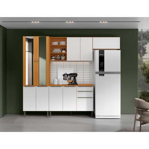 Cozinha Modulada Luana com Paneleiro com Portas de Vidro - Cinamomo/branco Aramóveis