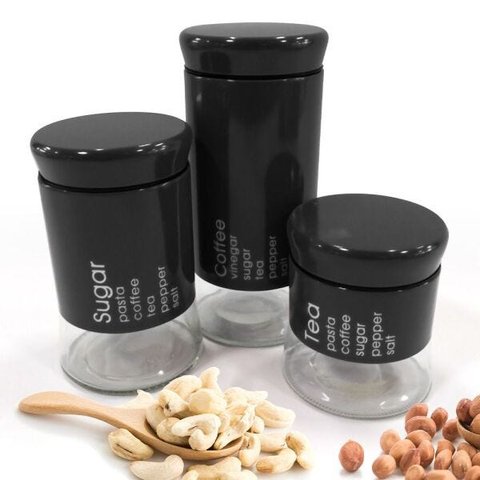 Conjunto de 3 Potes Porta Mantimento Will Inox e Vidro Preto