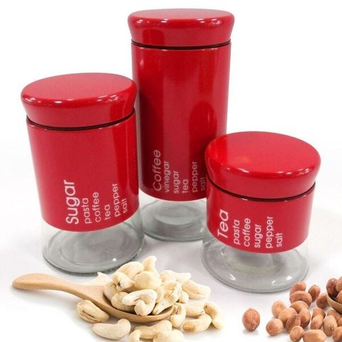 Conjunto 3 Pote Porta Mantimento Will Inox e Vidro Vermelho
