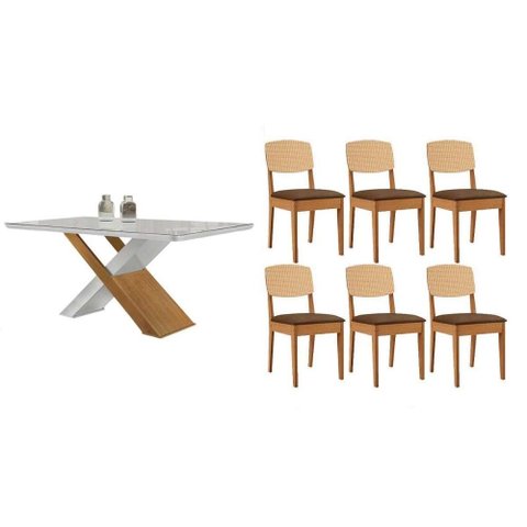 Sala Jantar Mesa Imperatriz Tampo C/ Vidro Curvo 180cm+6 Cadeiras Havana Naturale/off White - Suede