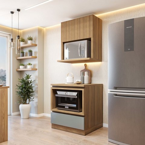 Cozinha Completa Modulada 2 Peças 1 Porta 1 Gaveta com Rodapé Norten Marrom/Verde/Nature