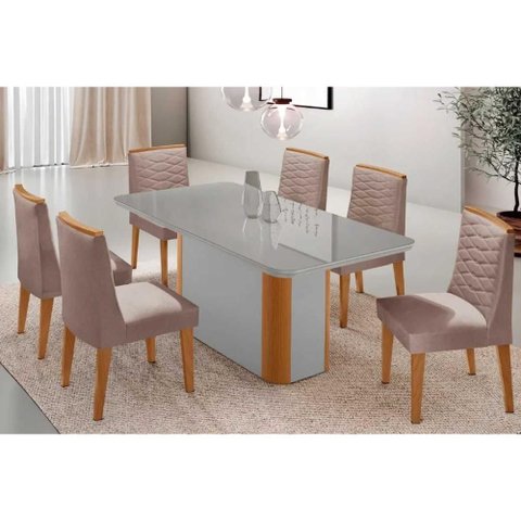 Sala de Jantar Completa Pietá C/ Tampo Madeirado C/ Vidro Canto Curvo 180x90cm e 6 Cadeiras