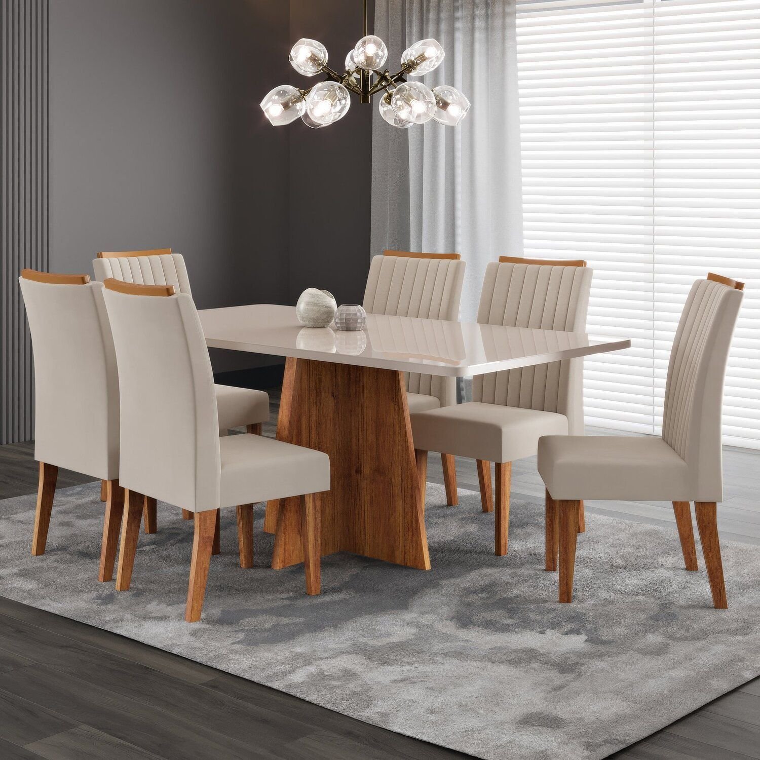 Conjunto de Sala de Jantar 160x77,8cm Tampo com Vidro e 6 Cadeiras