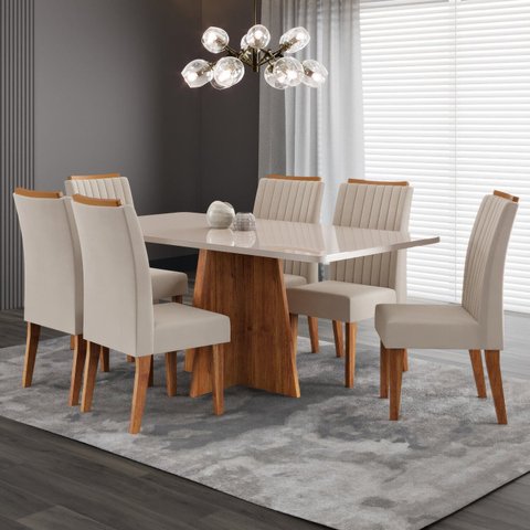 Conjunto de Sala de Jantar 160x77,8cm Tampo com Vidro e 6 Cadeiras Tannat Yescasa Bege/Mel/Off White