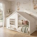 Ver imagem 1 de Cama Montessoriano Casinha com Janela Cortina Madeira Maciça Branco Housin