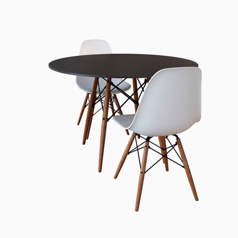 Conjunto de Mesa de Jantar Eames Eiffel Redonda 90cm Tampo de Madeira Preto com 2 Cadeiras Brancas