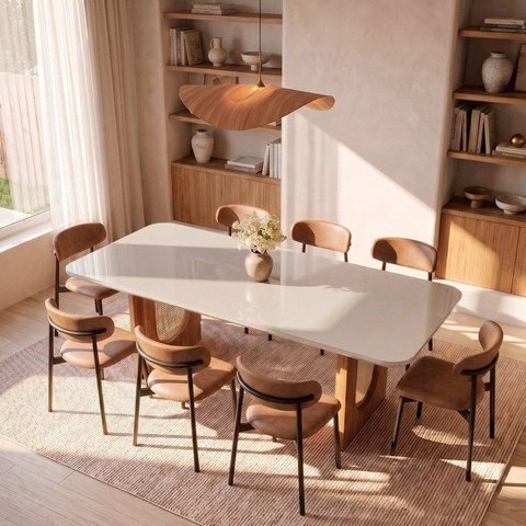 Conjunto de Jantar com Mesa Tali 210cm e 8 Cadeiras Ema CabeCasa MadeiraOriginals Bege/Marrom