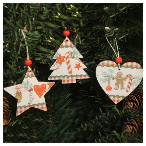 Kit 12 Enfeites Pendentes para Árvore de Natal em Mdf 7cm