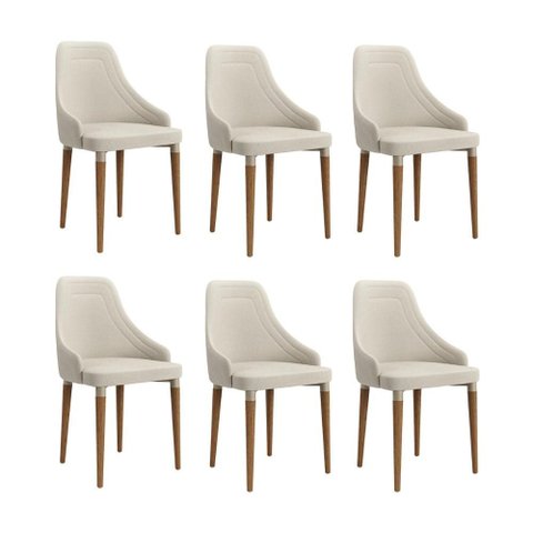 Conjunto de 6 Cadeiras de Madeira Maciça Evelyn Natural com Champanhe e Linho Off White