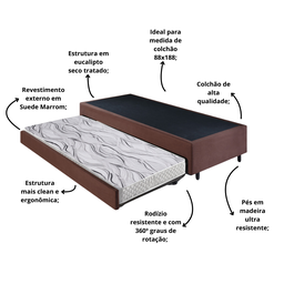 Bicama Box Solteiro Suede 88x188x28 Cm com Colchão Auxiliar Ecoflex - 4