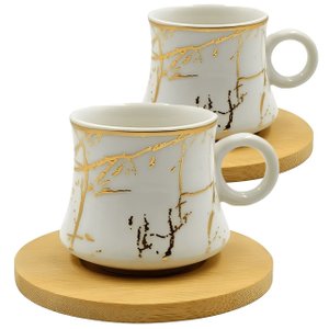 Jogo de Xícaras Branca Desenhado Norway para Café com Pires em Porcelana e Bambu 80ml - 4 Peças