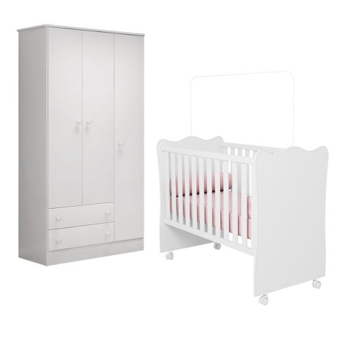 Berço Simples com Colchão Probel e Roupeiro 2617 para Quarto Bebê Infantil Doce Sonho Branco Qmovi