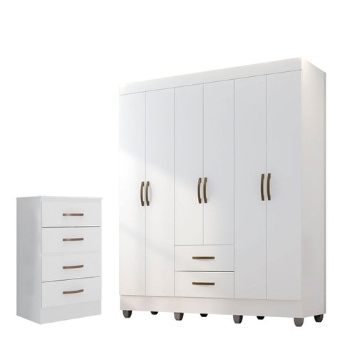 Kit Guarda-roupa Casal 6 Portas com Cômoda 4 Gavetas Lisa Branco