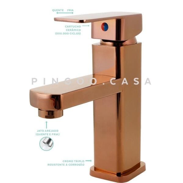 Torneira para banheiro cascata Misturador Monocomando Baixa Madeira Pingoo.casa - Dourado Rose - 5