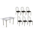 Ver imagem 1 de Conjunto: Mesa de Cozinha Elba C/ Tampo de Vidro 150cm e 6 Cadeiras Noruega Niquel - Courano Preto