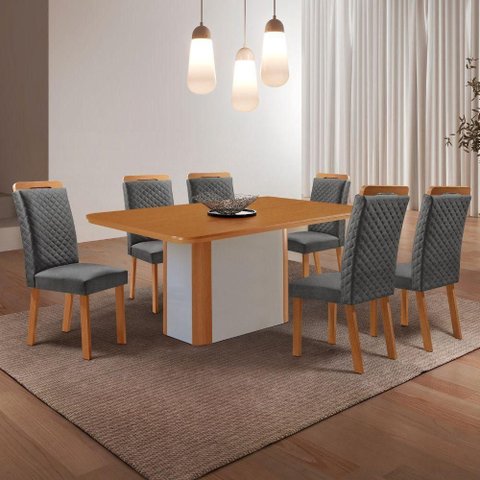 Conjunto de Jantar Isadora 6 Lugares Tampo MDF Cadeiras em Linho Grafite e Naturalle 180cm Moderna