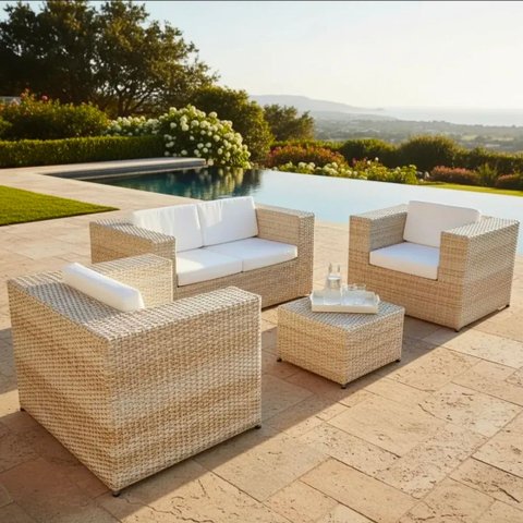Móveis de Varanda Jardim Área Externa Conjunto Sofá e Poltronas em Fibra Sintética