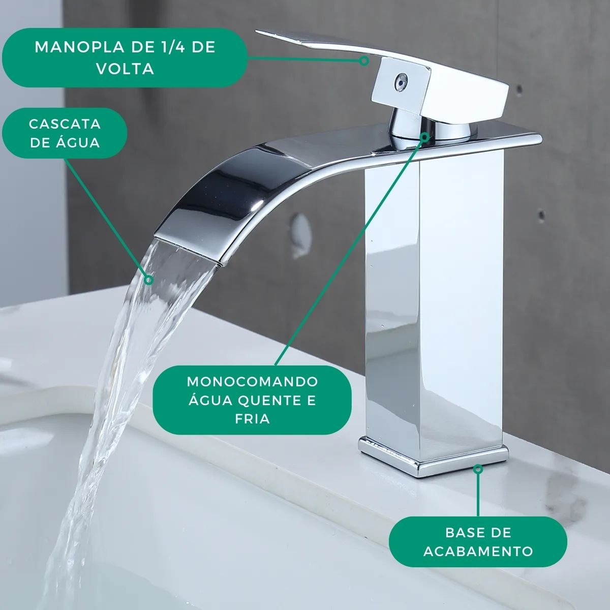 Torneira Banheiro Lavabo Bancada Monocomando C/ Misturador Água Quente e Fria Cromada Quadrado Casca - 4
