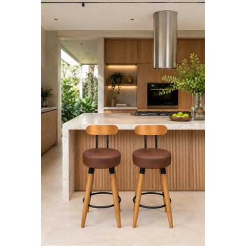 Kit 2 Banquetas Alta com Encosto Ergonômica para Cozinha Pés Madereira