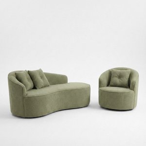 Kit Sofá Orgânico Curvo Feijão 01 Poltrona Sala Estúdio Amore Bouclê Verde Oliva - Vimont Moveis