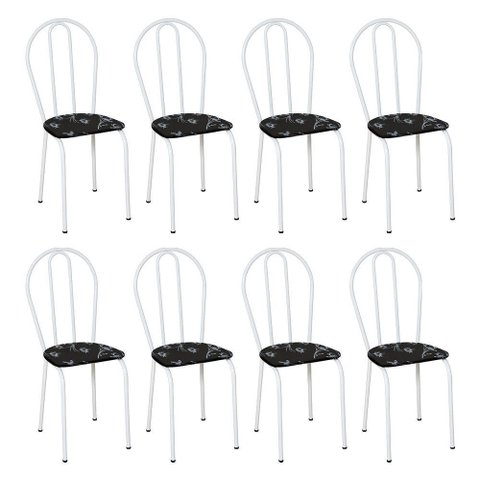 Kit 8 Cadeiras de Cozinha Texas Estampado Preto Florido Pés de Ferro Branco - Pallazio