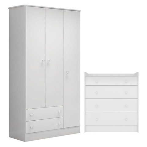 Guarda Roupa Infantil Doce Sonho 3 Portas de Bater 2 Gavetas MDP Branco Brilho com Cômoda Qmovi