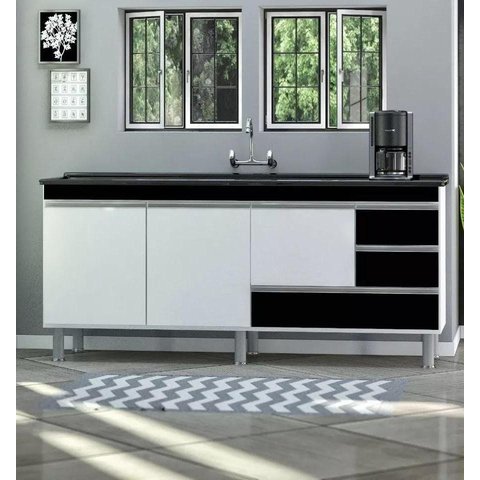 Gabinete para Pia de Cozinha de 1,50m Donatelo Preto e Branco Fosco 100% Mdf Rino Móveis Donatelo Br