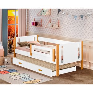 Bicama Babá Infantil Mirela com Grade de Proteção - BRANCO e MEL