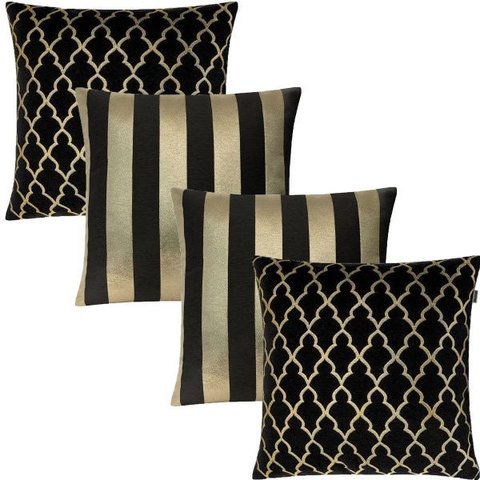 Kit 4 Capas de Almofadas Luxo Composê Geométrico e Listrado Preto e Dourado 45x45cm