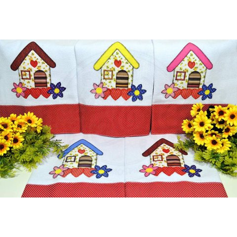 Kit Pano de Prato em Patchwork com 5 pçs - Casinhas Arte & Tear