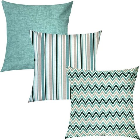 Kit 3 Capas de Almofadas Chevron, Listrado e Liso Verde Água Impermeável 45x45cm