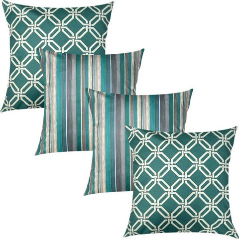 Kit 4 Capas de Almofadas Listrado e Geométrico Verde Mar Sued Premium 45x45cm