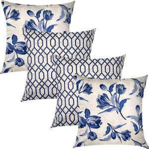 Kit 4 Capas de Almofadas Floral e Geométrico Azul Sued Premium 45x45cm