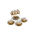 Conjunto 6 Xícaras para Café com Pires de Porcelana Luminus Dourada com Suporte de Metal 90Ml