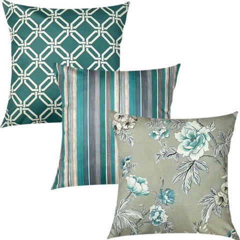 Kit 3 Capas de Almofadas Floral, Geométrico e Listrado Verde Mar Sued Premium 45x45cm