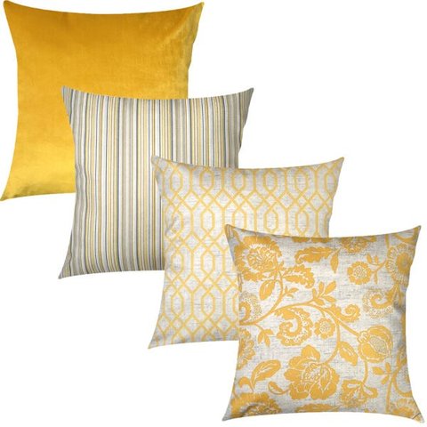 Kit 4 Capas de Almofadas Floral, Geométrico, Listrado e Liso Amarelo Sued Premium 45x45cm