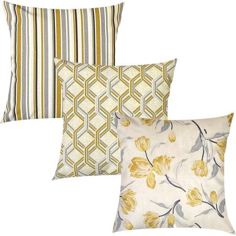 Kit 3 Capas de Almofadas Floral, Geométrico e Listrado Amarelo Impermeável 45x45cm