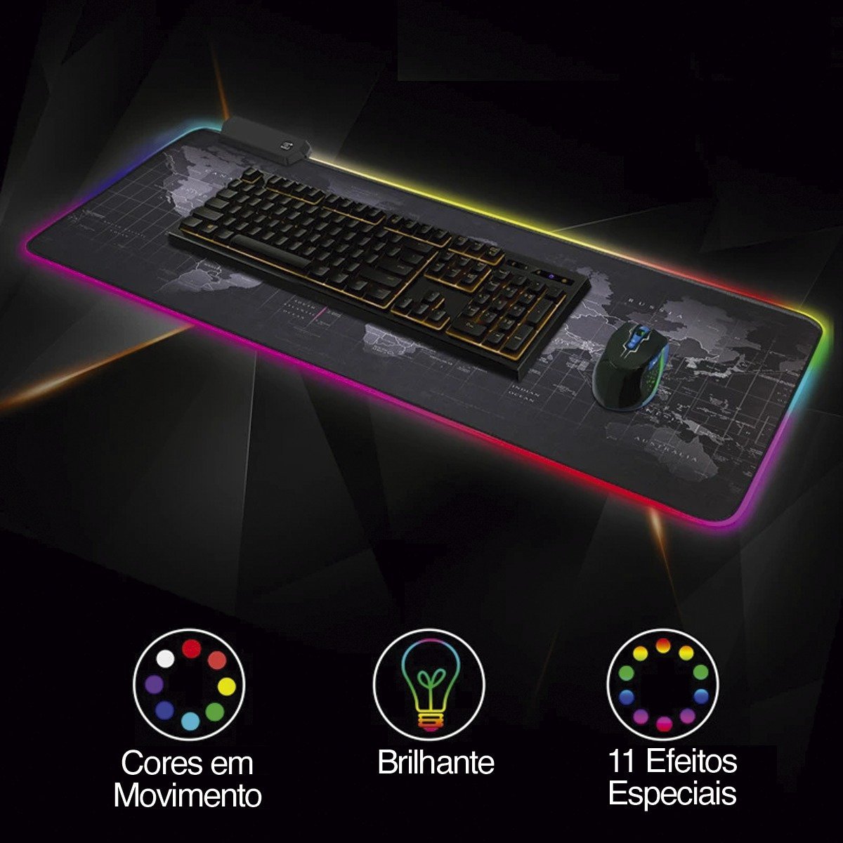 Mouse Pad Gamer Grande Luz Led Rgb Mapa Mundi 80x30 Jogador - 3