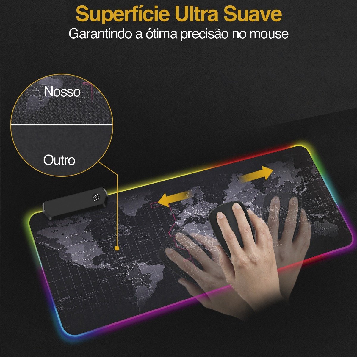 Mouse Pad Gamer Grande Luz Led Rgb Mapa Mundi 80x30 Jogador - 7