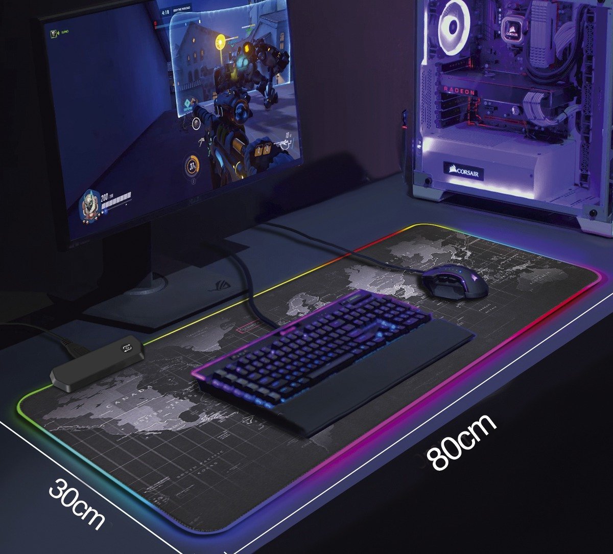 Mouse Pad Gamer Grande Luz Led Rgb Mapa Mundi 80x30 Jogador - 4