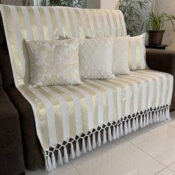 Manta para Sofá em Tecido Jacquard Luxo Listrado Branco com Dourado 190x140cm - 2