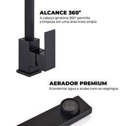 Torneira Preta Luxo Monocomando Bancada Mesa 360º Articulada Pia Aerador Misturador Quente Frio - 3