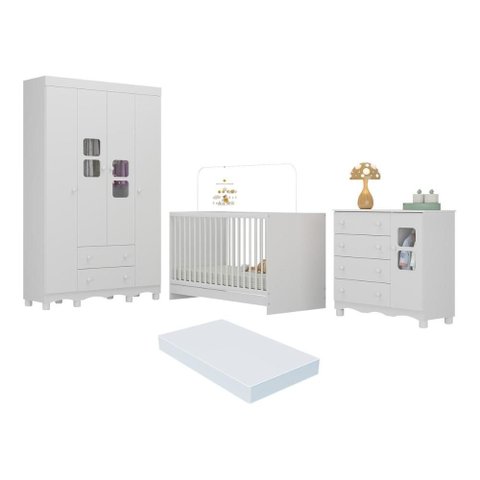 Quarto de Bebê Completo com Berço 3 em 1 com Colchão Incluso Luna Multimóveis Mp4536 Branco