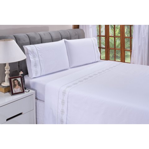Jogo lençol Diamante quarto casal Queen bordado 4 peças 2fronha:Branco com Cinza