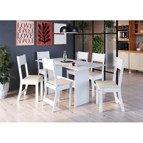 CONJUNTO DE SALA DE JANTAR PREDILLETA KARLA 1,50 C/6 CADEIRAS BRANCA