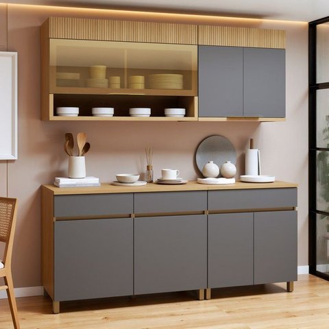 Cozinha Completa Modulada 4 Peças 7 Portas 3 Gavetas 100% MDF Realeza Premium Cinza/Carvalho/Titânio