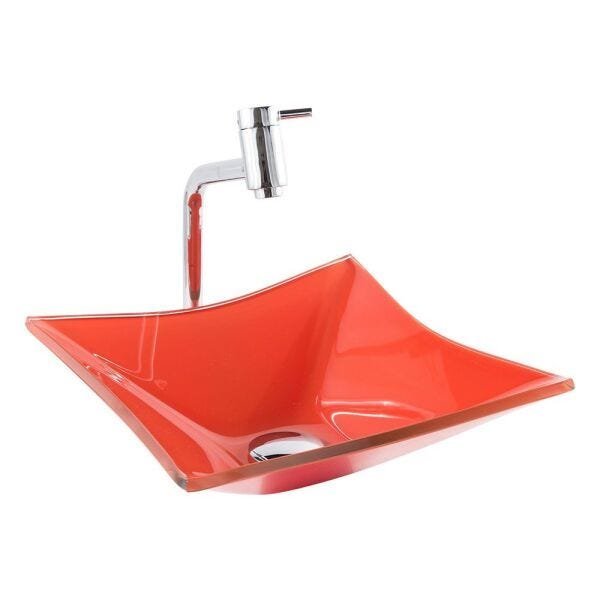 Kit Banheiro Cuba de Vidro Quadrada RT 30 cm + Torneira Link + Válvula Click - Laranja - 3