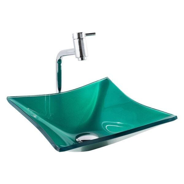 Kit Banheiro Cuba de Vidro Quadrada RT 30 cm + Torneira Link + Válvula Click - Verde - 3